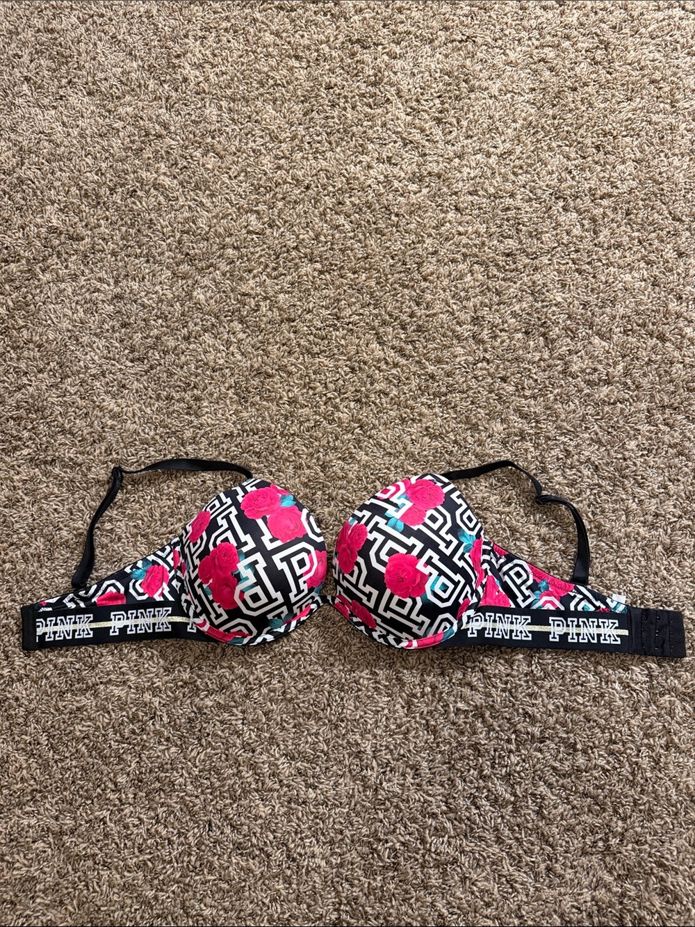 PINK Victoria's Secret Black Bra with Pink Floral & White Logo